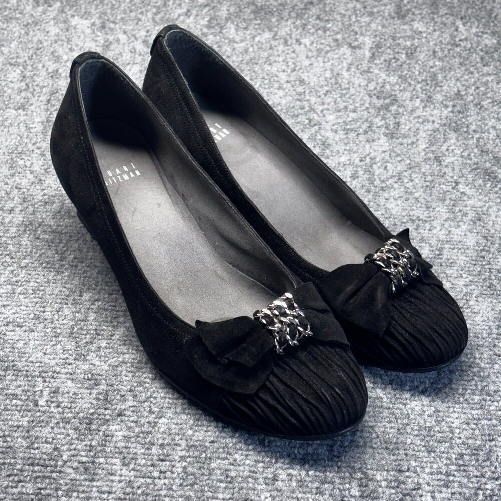 Pumps Stuart Weitzman Black Suede Wedge Shoes Bow Chain Detail 7